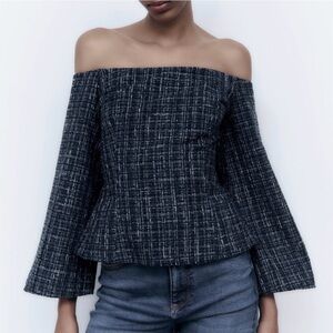Zara Textured Navy and White Tweed Off the Shoulder Flare Long Sleeve Shirt